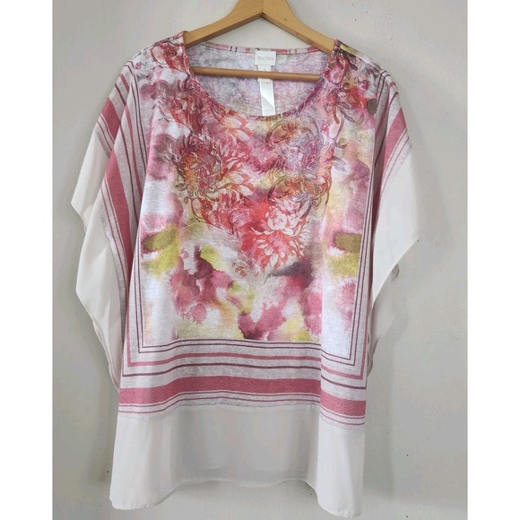 Chico’s Tops - Chico's Tunic Top sz 3 XL Sheer Trim Floral Kimono Sleeve Poncho Blouse 16 18